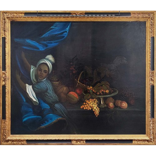 141 - AFTER TOBIAS STRANOVER, 'Still Life with Fruit and Figure', oil on canvas, 125cm x 155cm, framed.