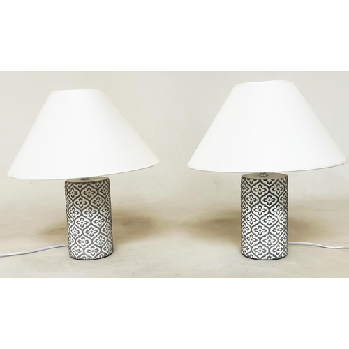 117 - TABLE LAMPS, a pair, geometric  moulded with shades, 40cm H. (2)