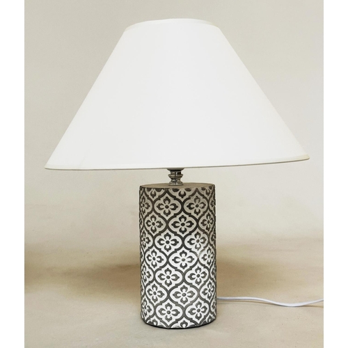 117 - TABLE LAMPS, a pair, geometric  moulded with shades, 40cm H. (2)