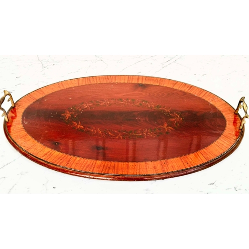 119 - SERVING TRAYS, early 19th century flame mahogany oval satinwood crossbanded and painted floral centr... 