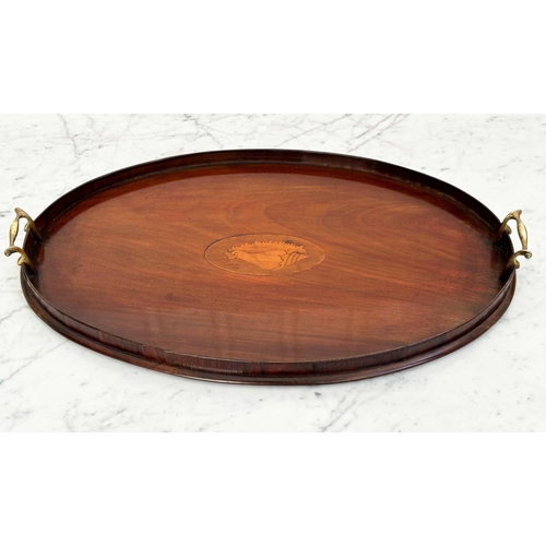 119 - SERVING TRAYS, early 19th century flame mahogany oval satinwood crossbanded and painted floral centr... 