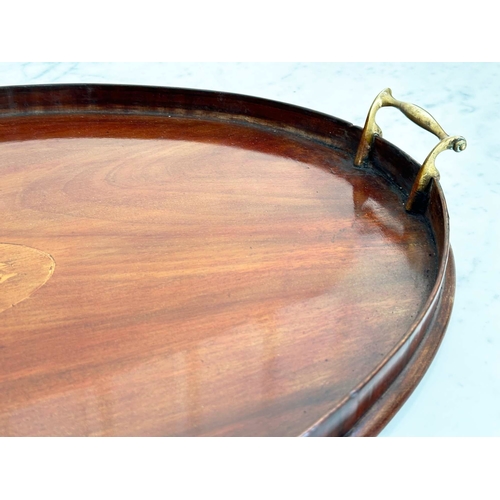 119 - SERVING TRAYS, early 19th century flame mahogany oval satinwood crossbanded and painted floral centr... 