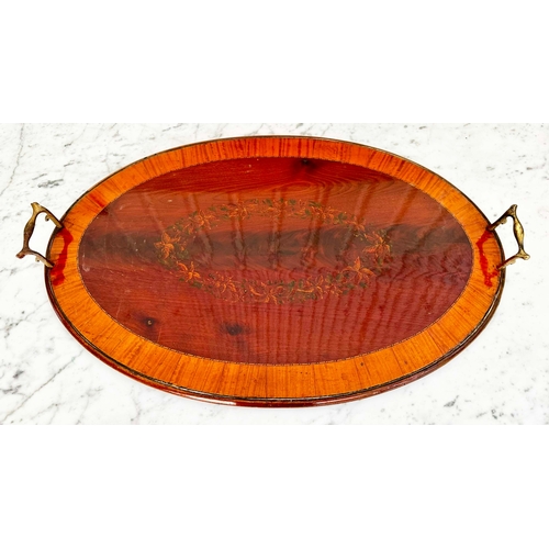 119 - SERVING TRAYS, early 19th century flame mahogany oval satinwood crossbanded and painted floral centr... 