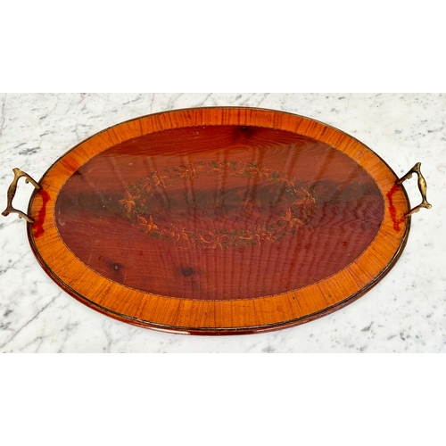 119 - SERVING TRAYS, early 19th century flame mahogany oval satinwood crossbanded and painted floral centr... 