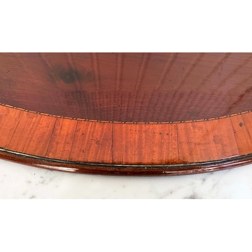 119 - SERVING TRAYS, early 19th century flame mahogany oval satinwood crossbanded and painted floral centr... 