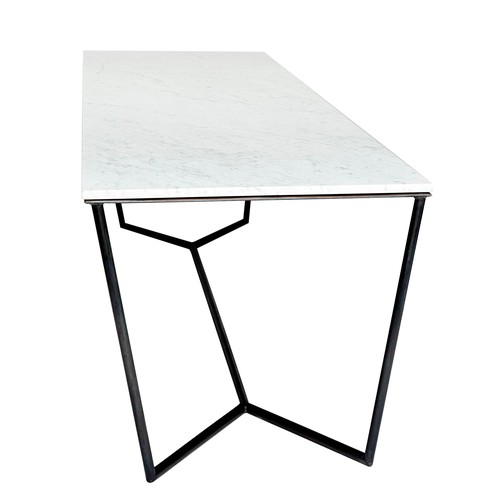 127 - DISPLAY TABLE, grey veined Carrara marble top raised upon metal supports and stretchers, 280cm W x 8... 