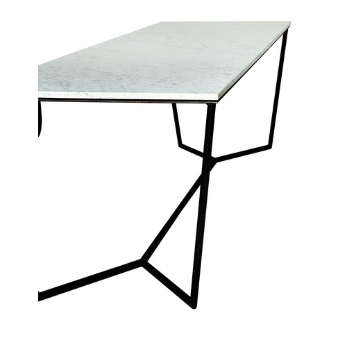 127 - DISPLAY TABLE, grey veined Carrara marble top raised upon metal supports and stretchers, 280cm W x 8... 