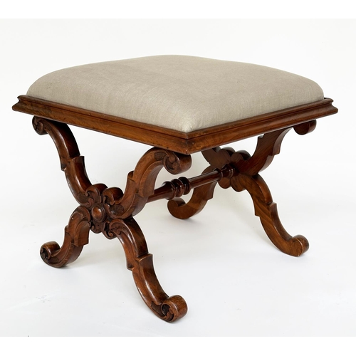 502 - HEARTH STOOL, Victorian mahogany with linen upholstery and stretchered 'X' frame support, 50cm x 50c... 