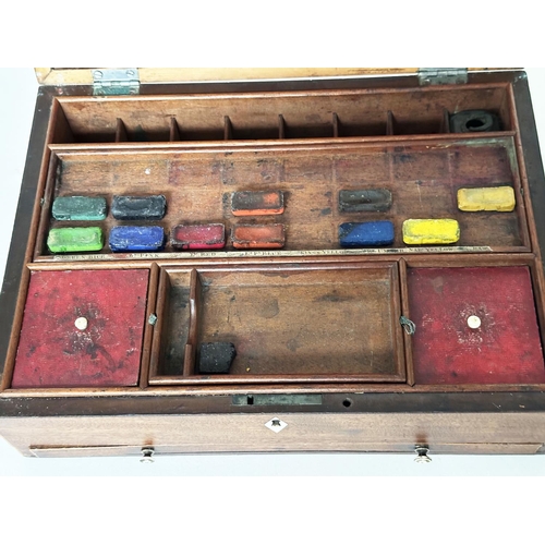 447 - GEORGIAN ARTIST PAINT BOX BY REEVES AND INWOOD, George III period mahogany and line inlaid, circa 17... 