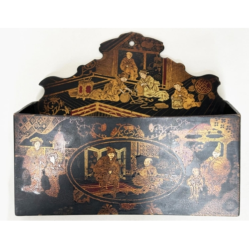 301 - SALT BOXES, a pair, 19th century, deal each with sloping rising lid together with a chinoiserie hang... 