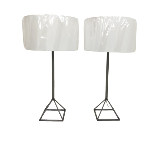 445 - TABLE LAMPS, a pair, silver painted metal, with shades, 95cm H approx.