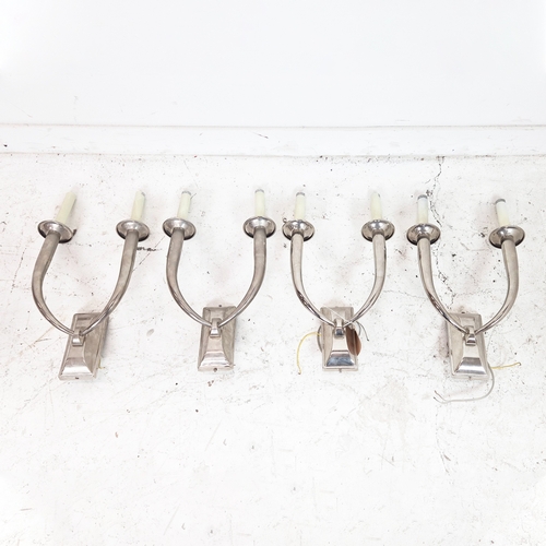 458 - WALL LIGHTS, a set of four, polished metal, each 2 branch, 46cm H each approx. (4)