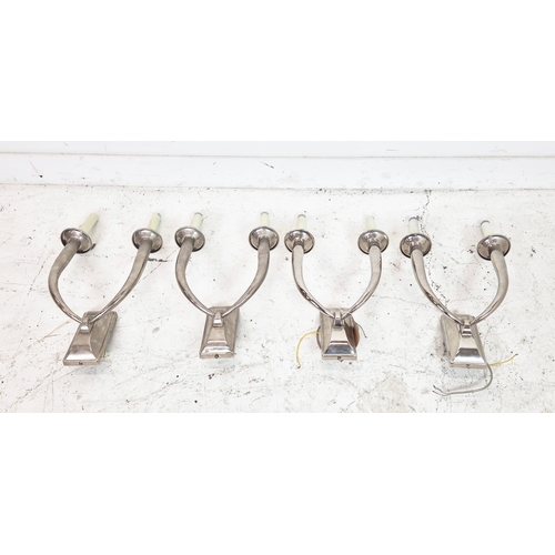 458 - WALL LIGHTS, a set of four, polished metal, each 2 branch, 46cm H each approx. (4)