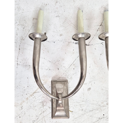 458 - WALL LIGHTS, a set of four, polished metal, each 2 branch, 46cm H each approx. (4)