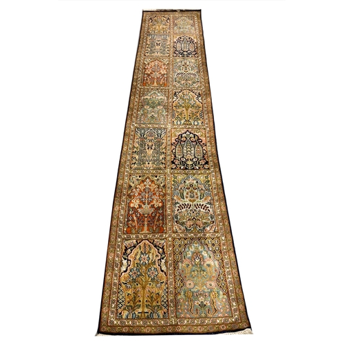 78 - FINE PURE SILK GARDEN DESIGN RUNNER, 300cm x 61cm.