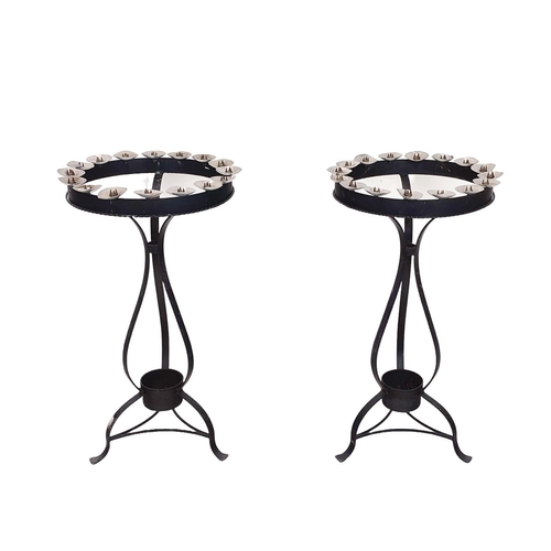 86 - FLOOR CANDELABRA, a pair, wrought black metal, aluminium and brass with sixteen pricket sconces, 93c... 