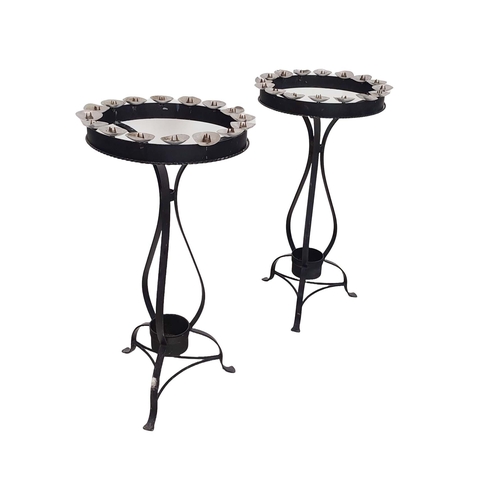 86 - FLOOR CANDELABRA, a pair, wrought black metal, aluminium and brass with sixteen pricket sconces, 93c... 