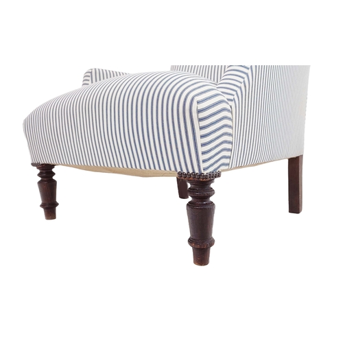 87 - ARMCHAIR, beechwood with blue and white ticking upholstery, 81cm H x 66cm x 78cm.