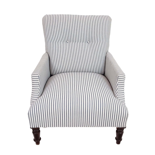 87 - ARMCHAIR, beechwood with blue and white ticking upholstery, 81cm H x 66cm x 78cm.