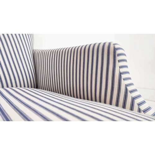 87 - ARMCHAIR, beechwood with blue and white ticking upholstery, 81cm H x 66cm x 78cm.