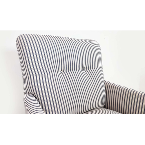 87 - ARMCHAIR, beechwood with blue and white ticking upholstery, 81cm H x 66cm x 78cm.