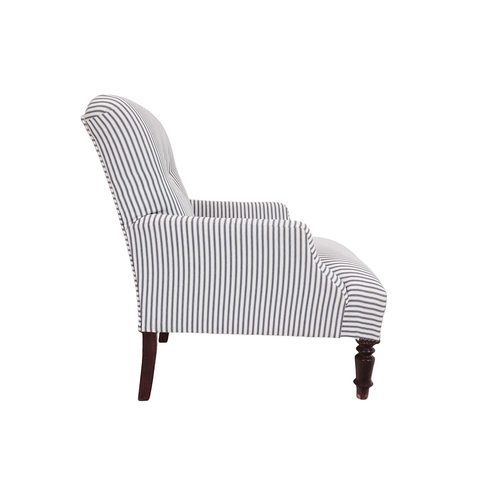 87 - ARMCHAIR, beechwood with blue and white ticking upholstery, 81cm H x 66cm x 78cm.