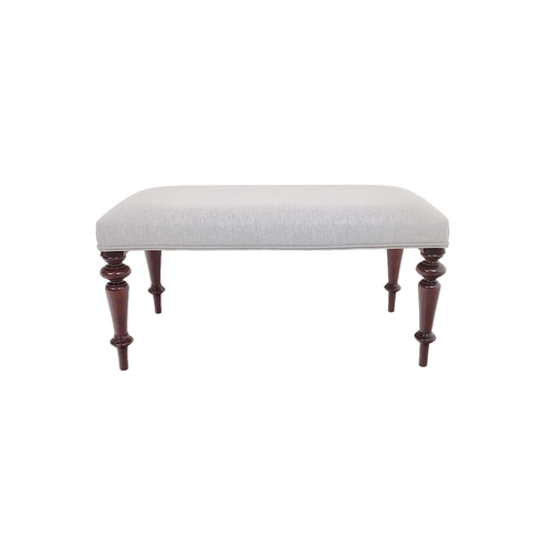 90 - STOOL, part Victorian mahogany and light grey linen upholstered, 43cm H x 89cm x 46cm.