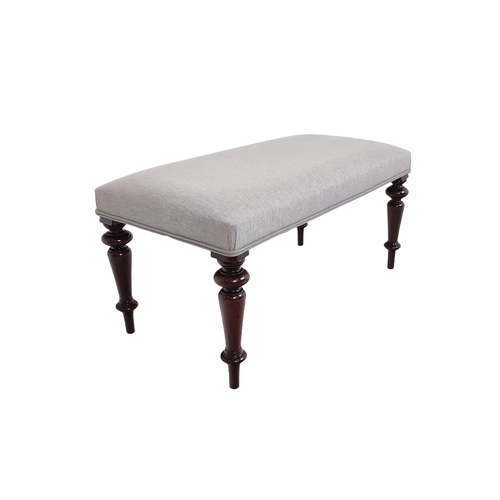 90 - STOOL, part Victorian mahogany and light grey linen upholstered, 43cm H x 89cm x 46cm.