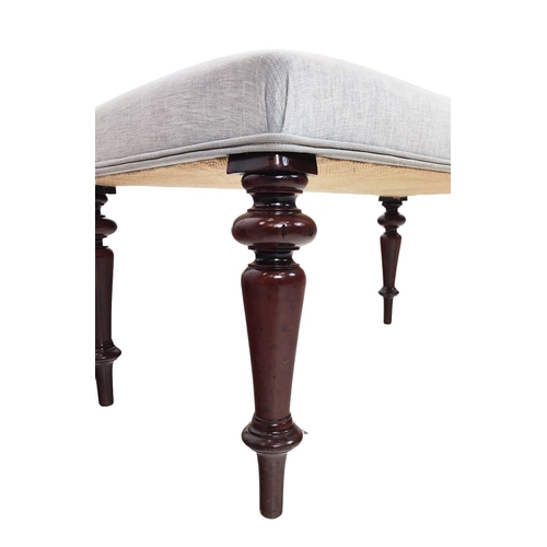 90 - STOOL, part Victorian mahogany and light grey linen upholstered, 43cm H x 89cm x 46cm.