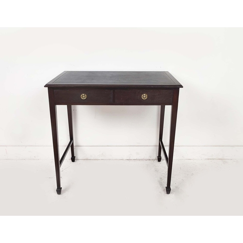 93 - WRITING TABLE, Edwardian mahogany with black leatherette top above two drawers, 75cm H x 76cm x 50cm... 