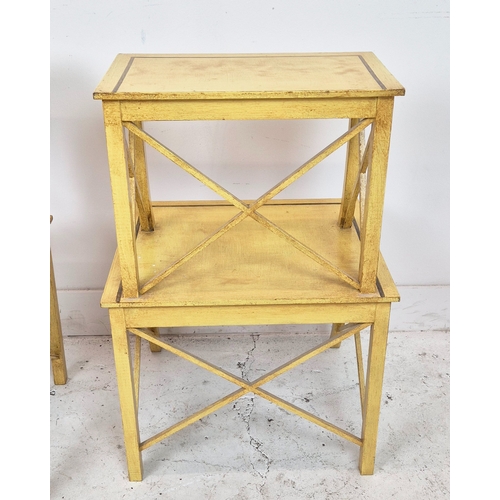 99 - ETAGERES, a pair, yellow and black painted of two tiers, 69cm H x 45cm x 41cm. (2)