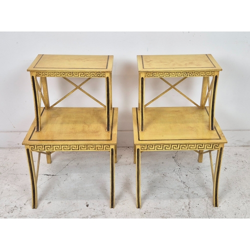 99 - ETAGERES, a pair, yellow and black painted of two tiers, 69cm H x 45cm x 41cm. (2)