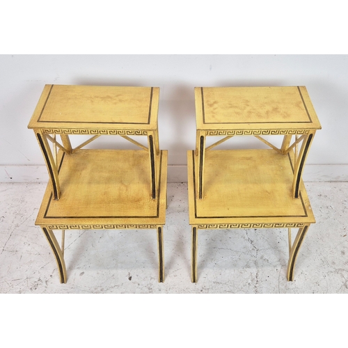 99 - ETAGERES, a pair, yellow and black painted of two tiers, 69cm H x 45cm x 41cm. (2)