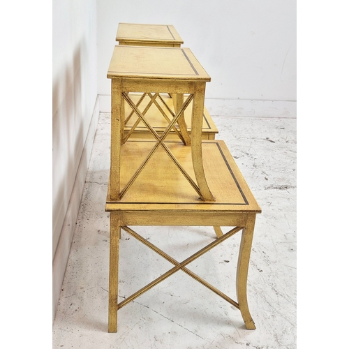 99 - ETAGERES, a pair, yellow and black painted of two tiers, 69cm H x 45cm x 41cm. (2)