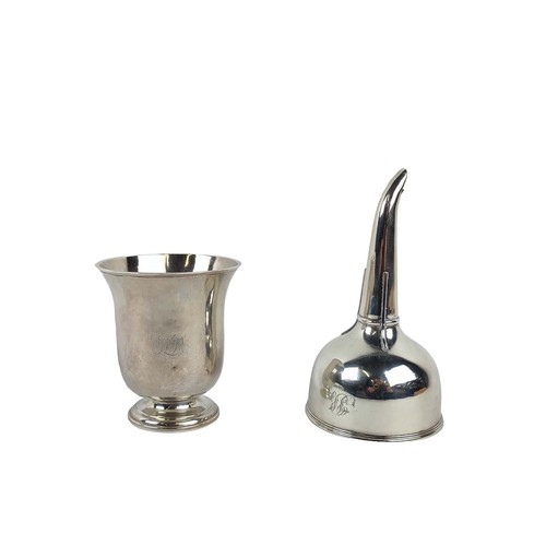 16 - GEORGIAN SILVER WINE FUNNEL, Joseph Angell 1, London, 1824, along with a white metal cup both with i... 