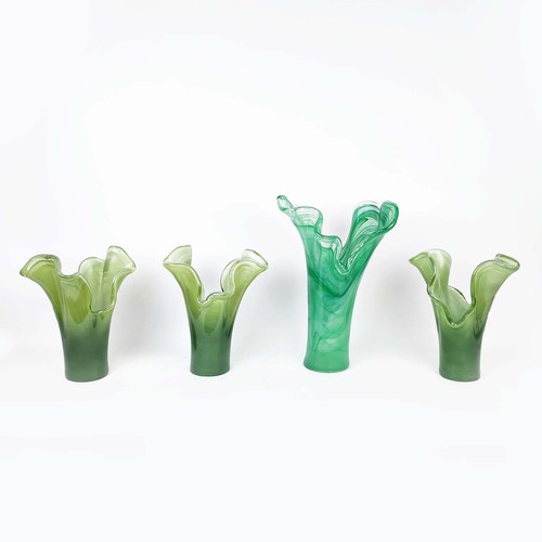 436 - MURANO STYLE VASES, a collection of four, 3 in 1 shade of green and 1 in another, 42.5cm H at talles... 