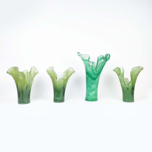 436 - MURANO STYLE VASES, a collection of four, 3 in 1 shade of green and 1 in another, 42.5cm H at talles... 