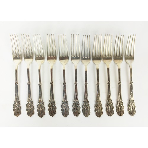 14 - COLLECTION OF DANISH SILVER FLATWARE, by Heimburger, .800 in the Art Nouveau 'mistletoe' pattern twe... 