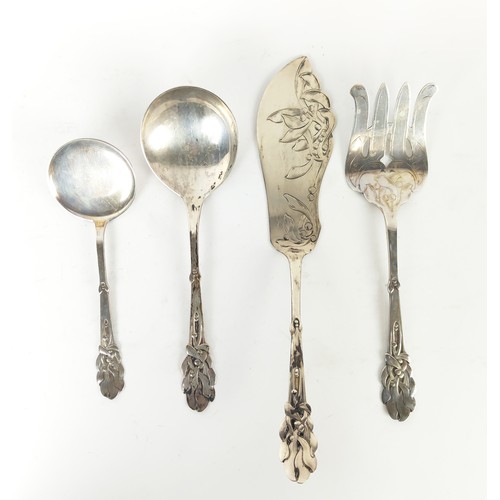 14 - COLLECTION OF DANISH SILVER FLATWARE, by Heimburger, .800 in the Art Nouveau 'mistletoe' pattern twe... 