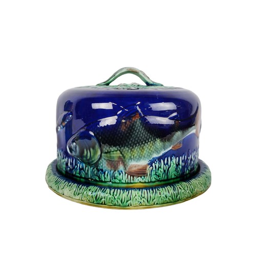 16A - MAJOLICA CHEESE DOME, 19th century, decorated with fish and foliage, 17cm H x 25cm W, together with ... 