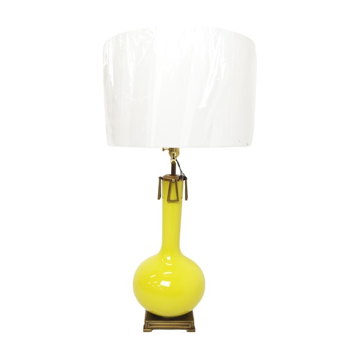 454 - TABLE LAMP, lemon yellow glazed ceramic and gilt metal, with shade, 85.5cm H approx. (sold as seen)