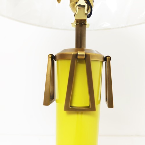 454 - TABLE LAMP, lemon yellow glazed ceramic and gilt metal, with shade, 85.5cm H approx. (sold as seen)