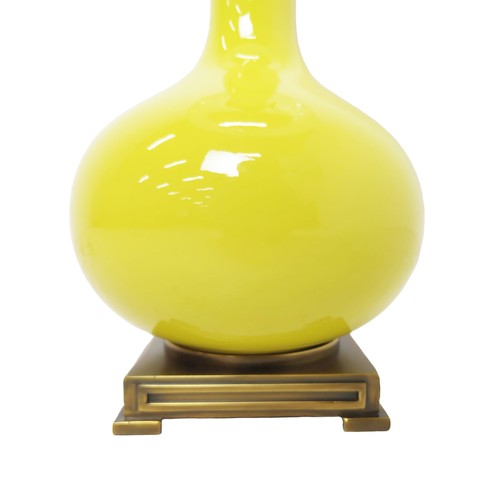 454 - TABLE LAMP, lemon yellow glazed ceramic and gilt metal, with shade, 85.5cm H approx. (sold as seen)