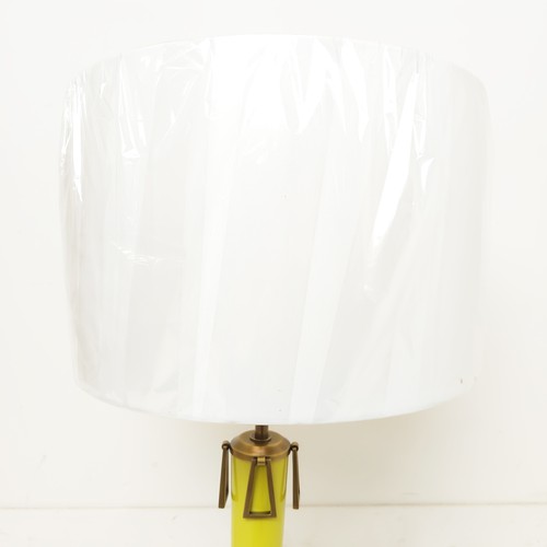 454 - TABLE LAMP, lemon yellow glazed ceramic and gilt metal, with shade, 85.5cm H approx. (sold as seen)