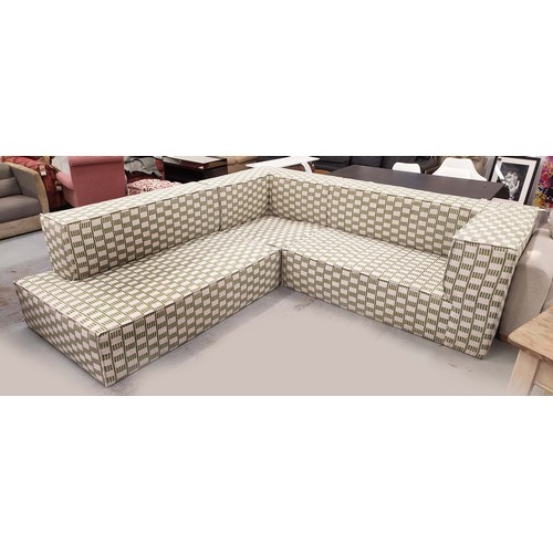 96 - CORNER SOFA, Bespoke handmade, upholstered in Fermoie fabric, 285cm x 285cm x 83.5cm approx.