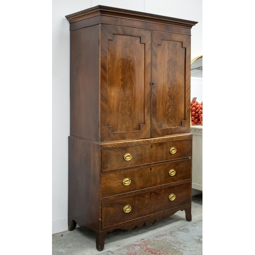 457 - LINEN PRESS, George III mahogany with two doors enclosing sliding trays above a base of three drawer... 