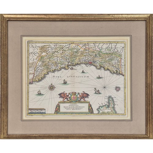 37 - REPUBLIC OF GENOA MAP, hand coloured, 31cm x 39m, framed.