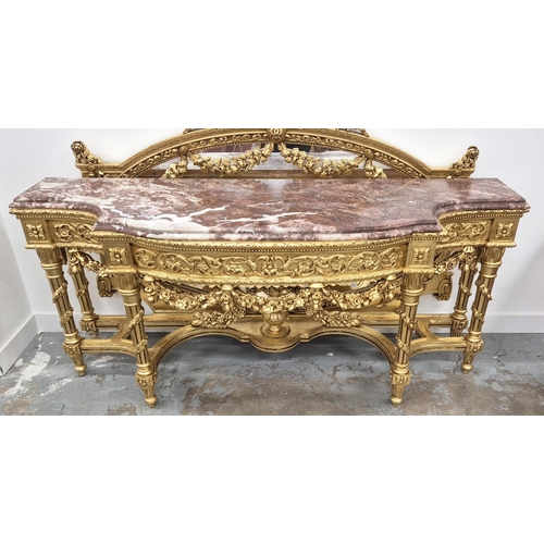 432 - CONSOLE TABLE AND MIRROR, Regency style, gilt painted, stone top, console 203cm x 61cm x 91cm approx... 