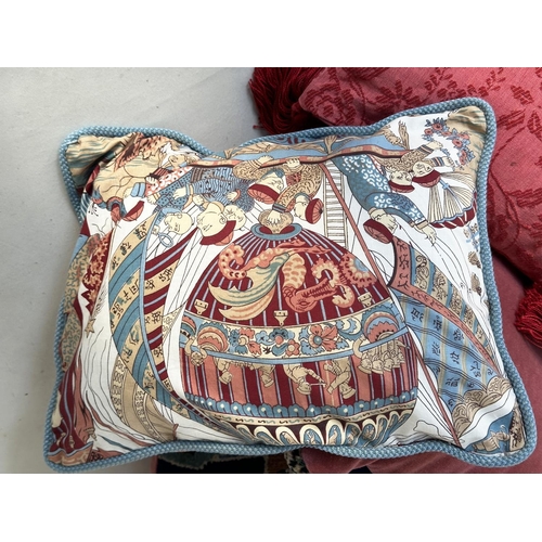 544 - CUSHIONS, nine various including Turkoman woven, brocade tasselled and pictorial 'Hot air Balloon'. ... 