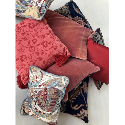 544 - CUSHIONS, nine various including Turkoman woven, brocade tasselled and pictorial 'Hot air Balloon'. ... 